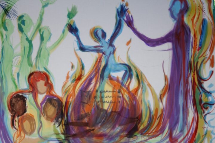 painting depicting dancers around or in a flame