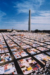 photo of aids quilts in front of Washington Monument