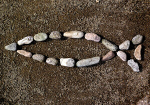 photo of stones lined up to look like the Jesus fish