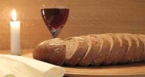 bread, wine, and candle for communion