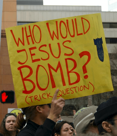 Peace sign asking Who would Jesus bomb? (trick question)